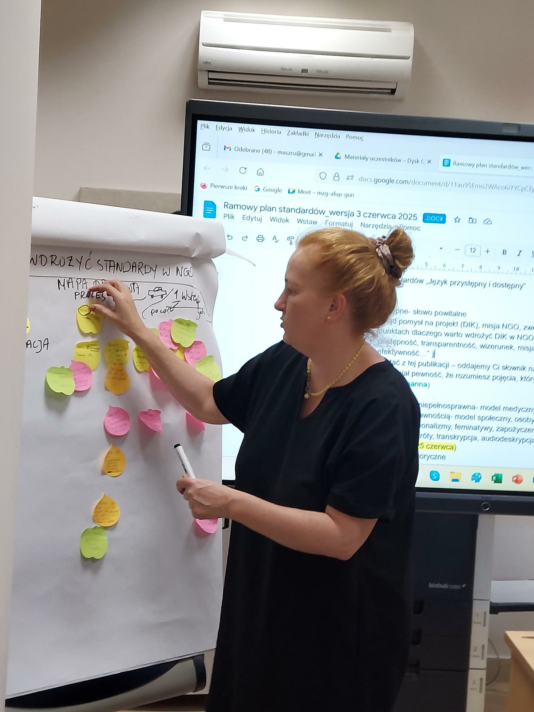 Kobieta prowadząca szkolenie na tle prezentacji wyświetlonej na ekranie multimedialnym. Organizuje karteczki samoprzylepne w różnych kolorach przyklejone do flipchartu