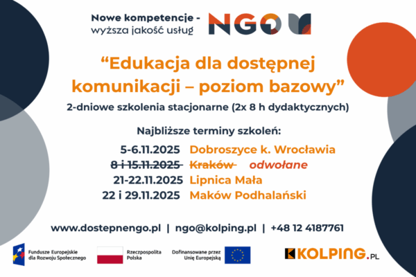 Grafika zawiera logo projektu, grantodawcy - Unię Europejską i terminy szkoleń opisane w tekście