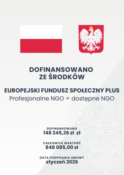 Plakat informujący o projekcie „Profesjonalne NGO = dostępne NGO”, dofinansowanym ze środków Europejskiego Funduszu Społecznego Plus. Dofinansowanie projektu wynosi 148 245,26 zł, a całkowita wartość projektu 848 085,00 zł. Umowę podpisano w styczniu 2026 roku. Na plakacie znajdują się symbole Polski i polskie godło.
